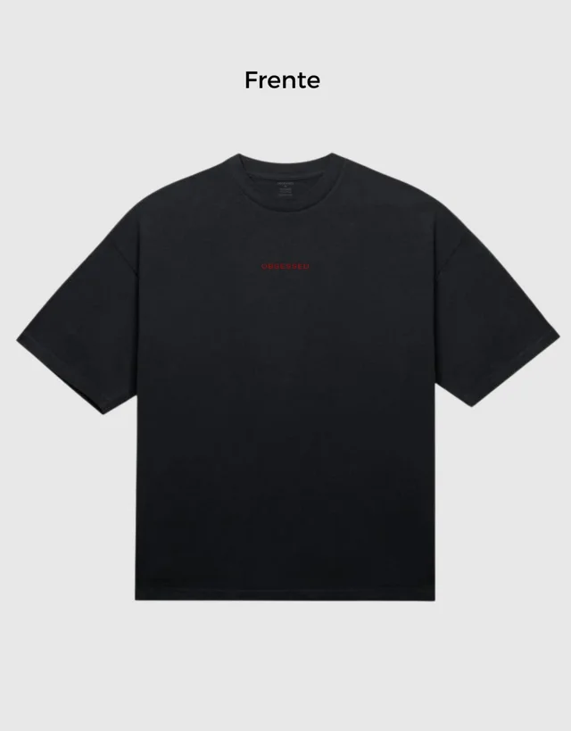 Camiseta Ramon preta, frente com OBSESSED em vermelho no peito