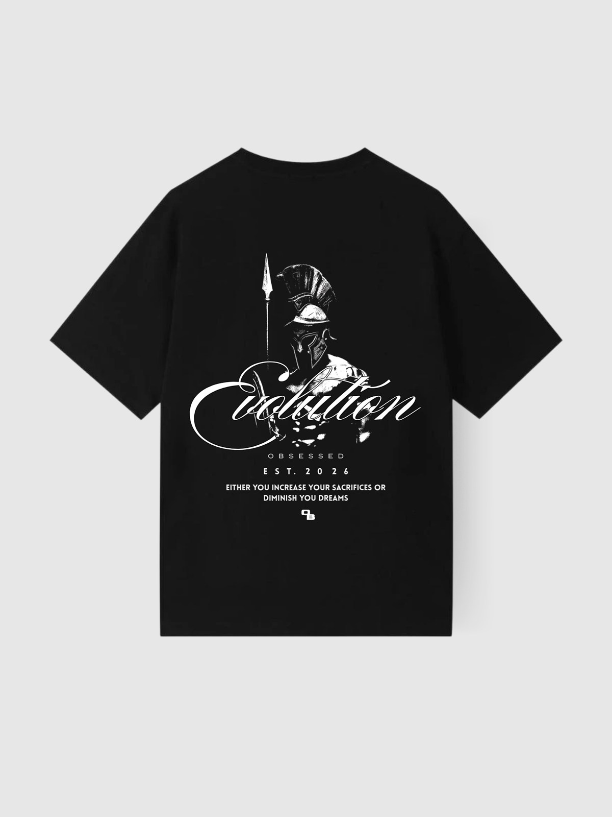 Camiseta Evolution preta, costas: guerreiro espartano com lettering Evolution