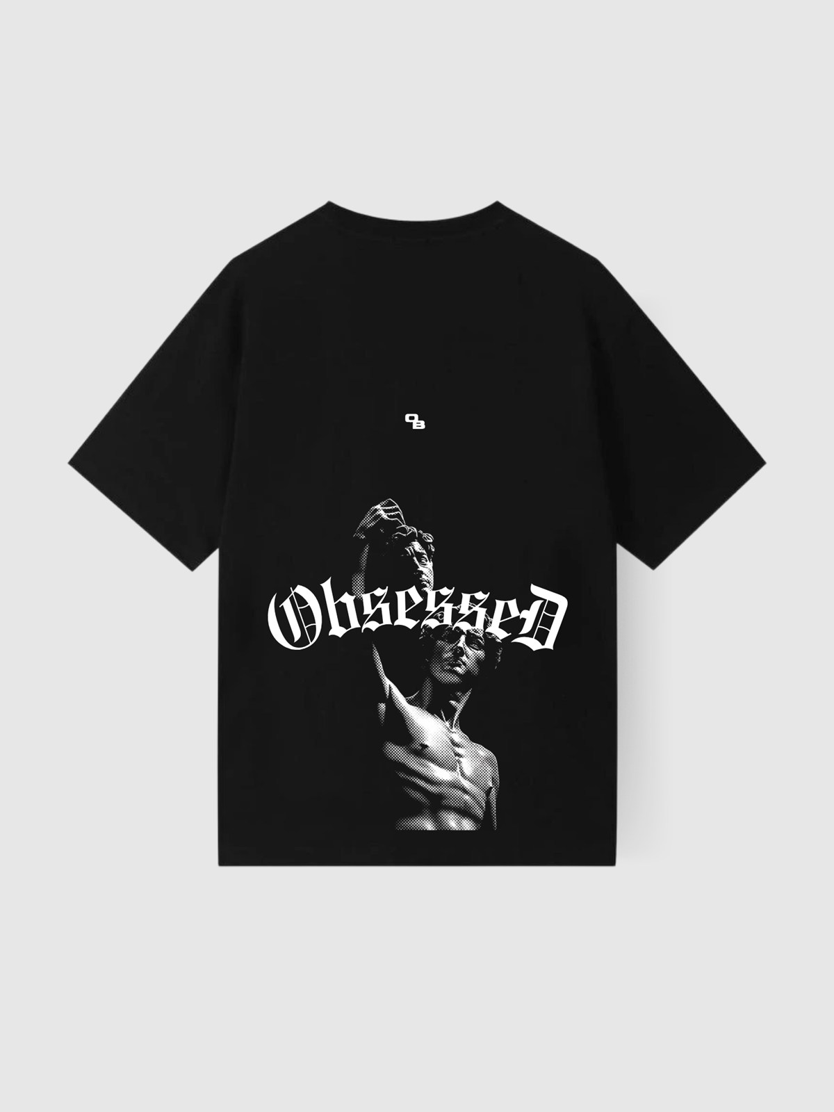 Camiseta Perseu vs Medusa preta, costas: estátua de Perseu erguendo a cabeça da Medusa com lettering Obsessed
