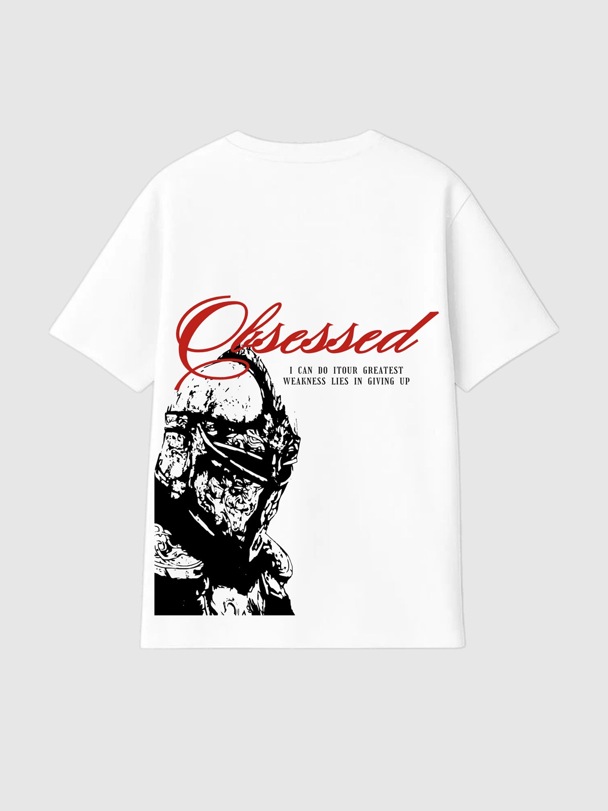 Camiseta Persist branca, costas: guerreiro de armadura com Obsessed em vermelho