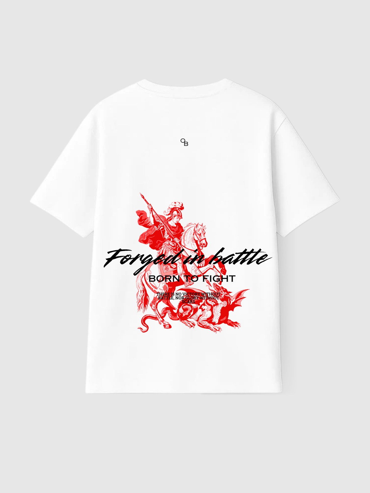 Camiseta São Jorge branca, costas: São Jorge e o dragão em vermelho com a frase Forged in battle