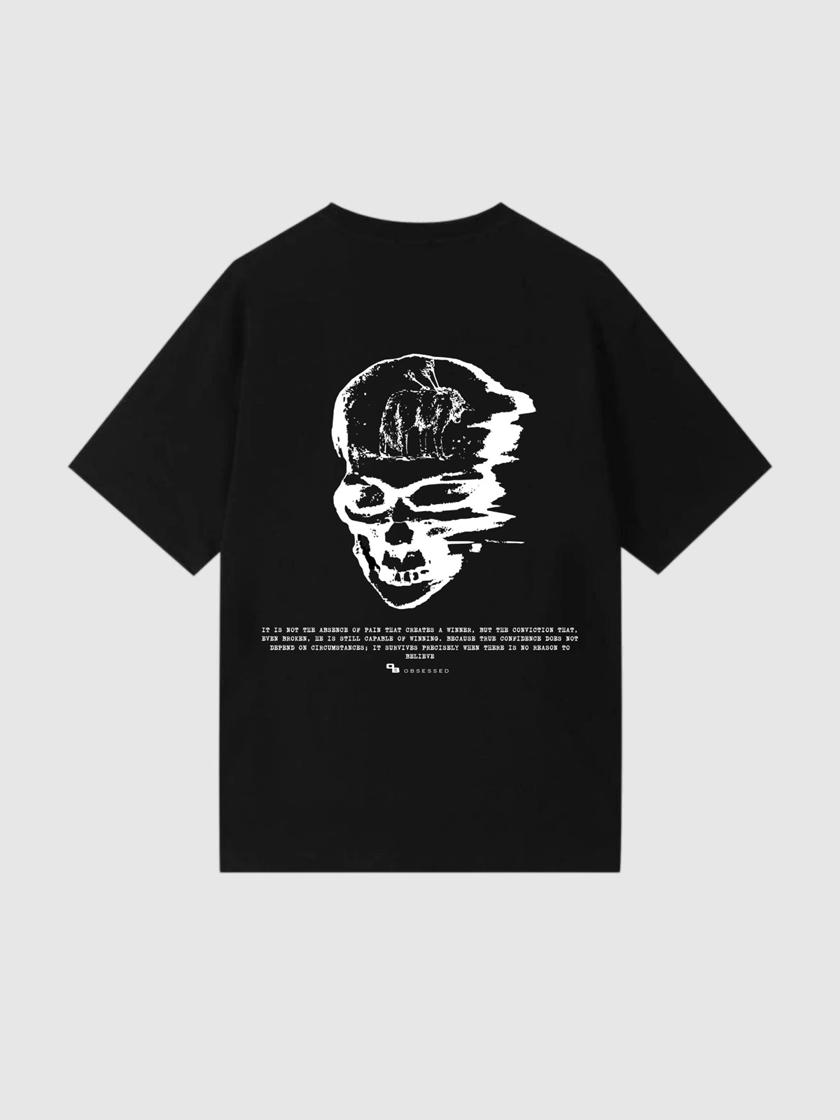 Camiseta Skull preta, costas: caveira em alto contraste com frase sobre convicção