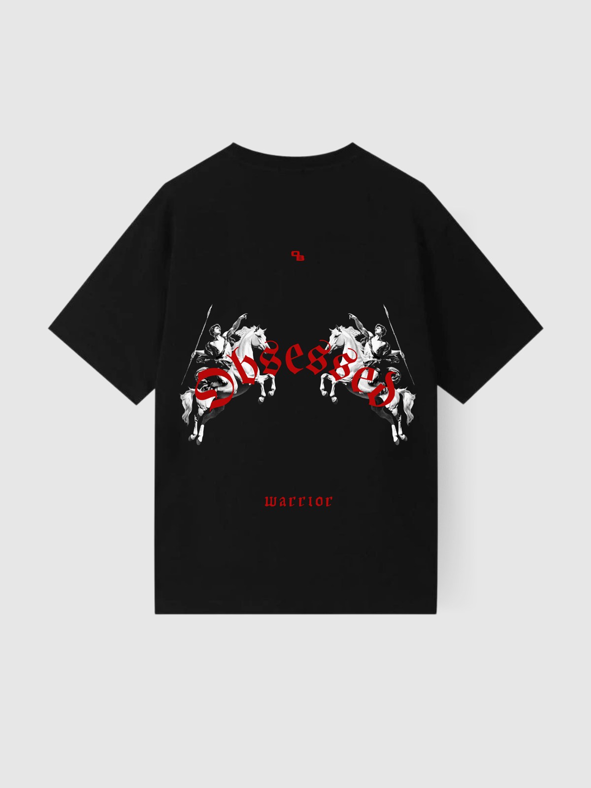 Camiseta Warrior preta, costas: cavaleiros espelhados com lettering Obsessed em vermelho